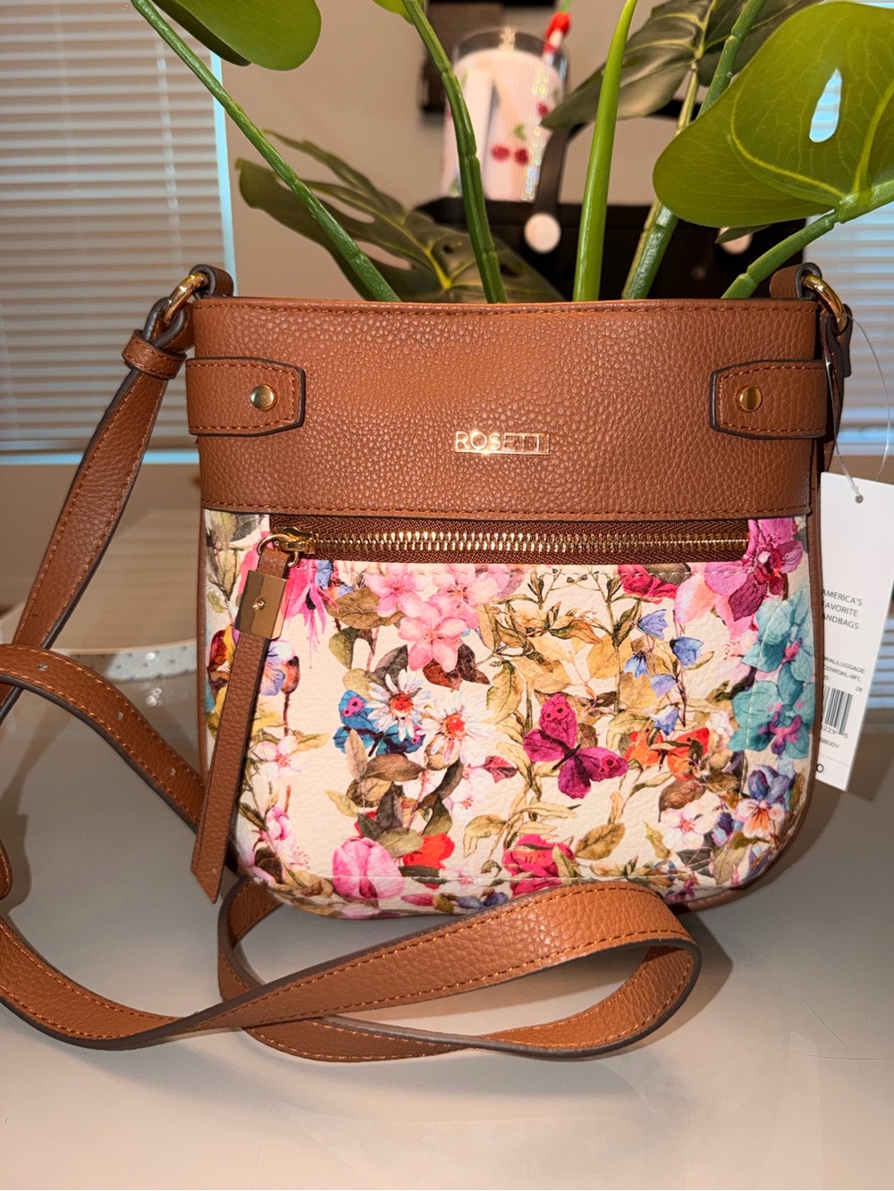 Rosetti Boss Brown Crossbody Bag with Floral Multicolor Panel
